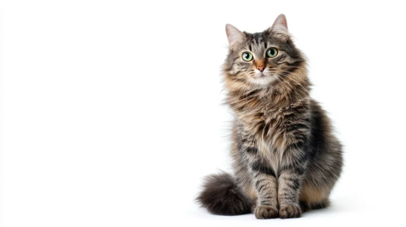 Gray tabby cat sitting on white background with copyspace to the left