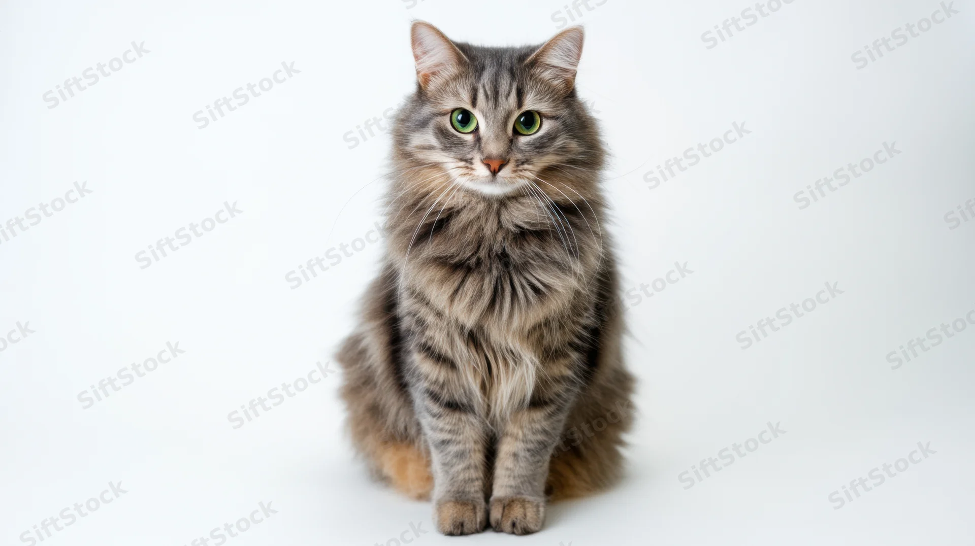 Gray tabby cat sitting in studio against white background