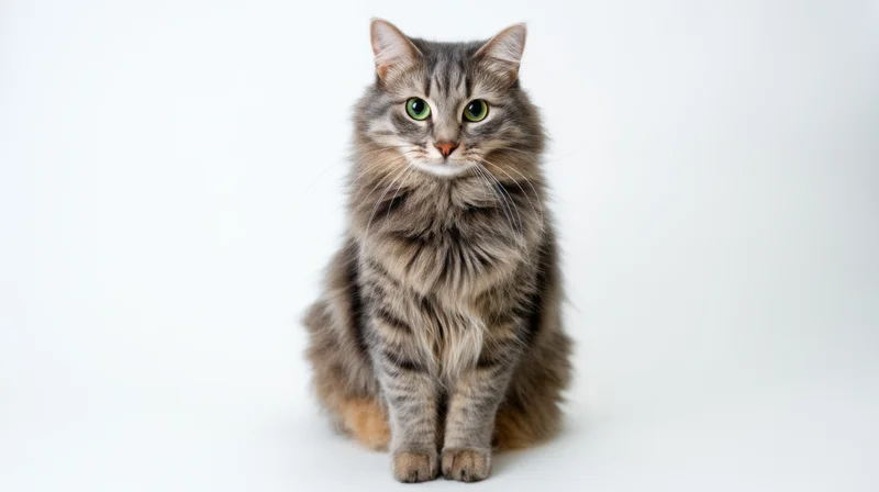 Gray tabby cat sitting in studio against white background
