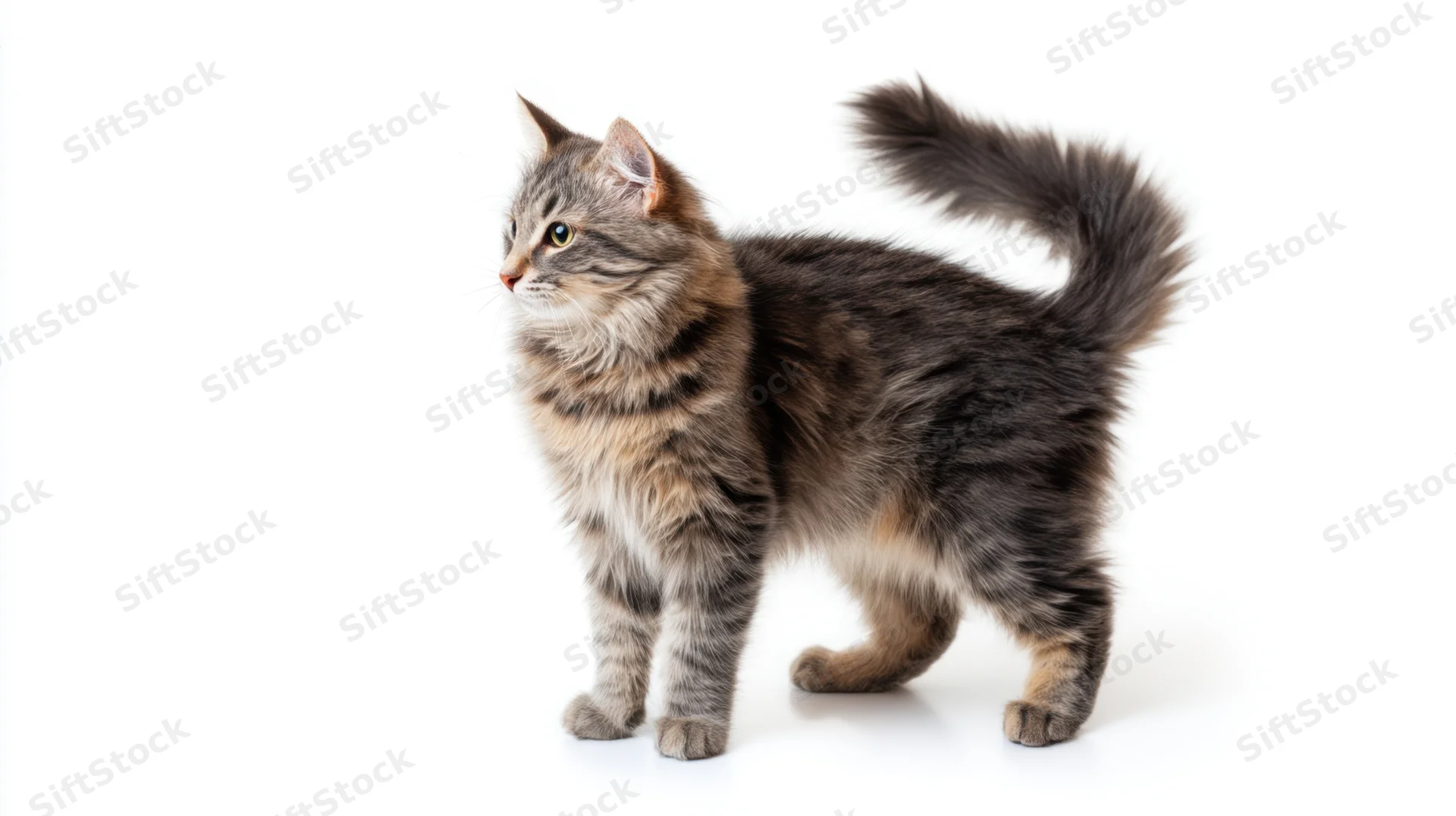 Gray tabby kitten standing in profile on white background