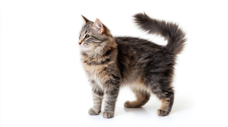Gray tabby kitten standing in profile on white background
