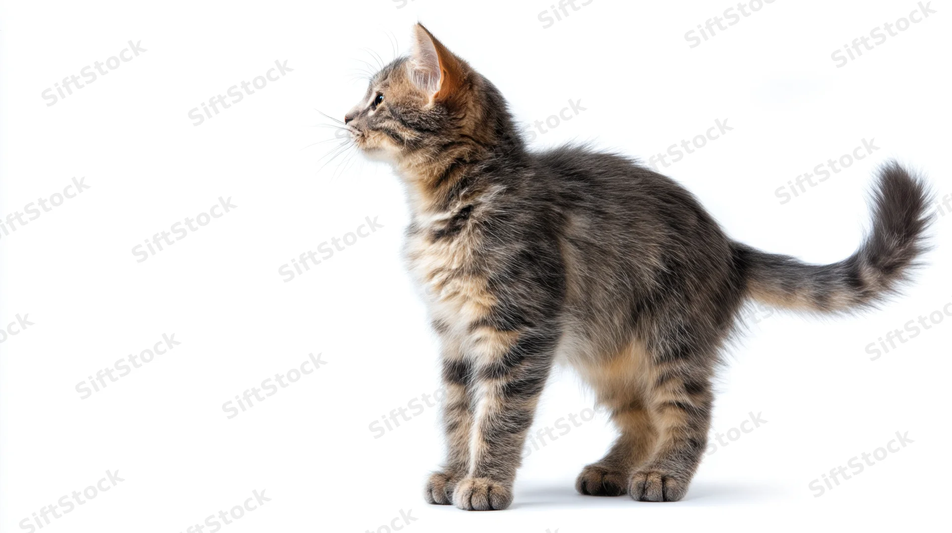 Gray tabby kitten standing in profile on white background