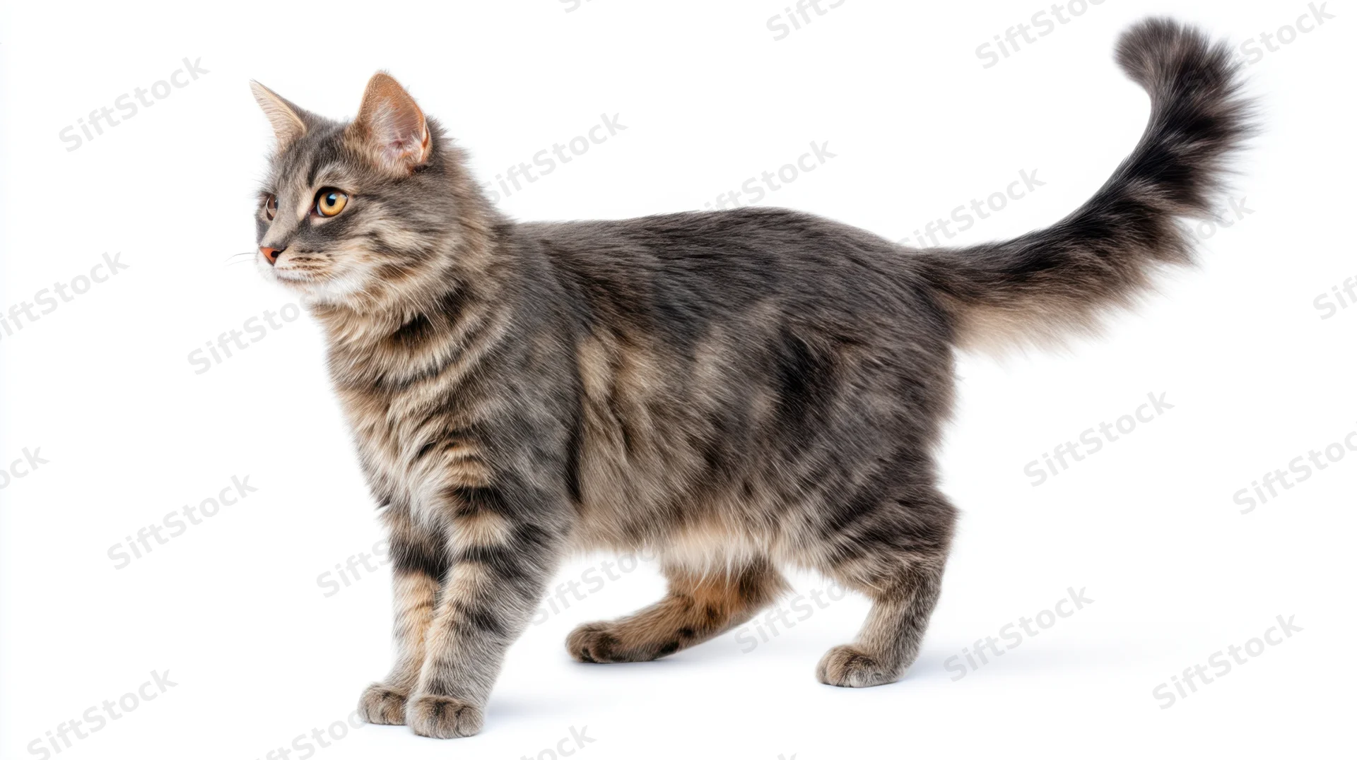 Gray tabby cat walking in profile against white background