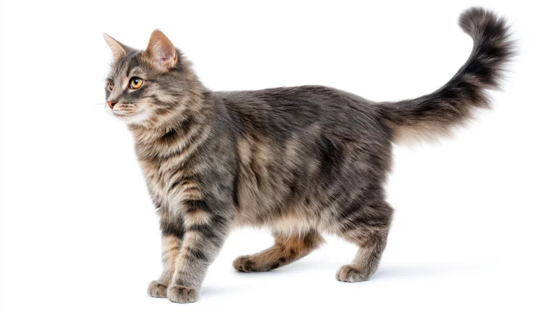 Gray tabby cat walking in profile against white background