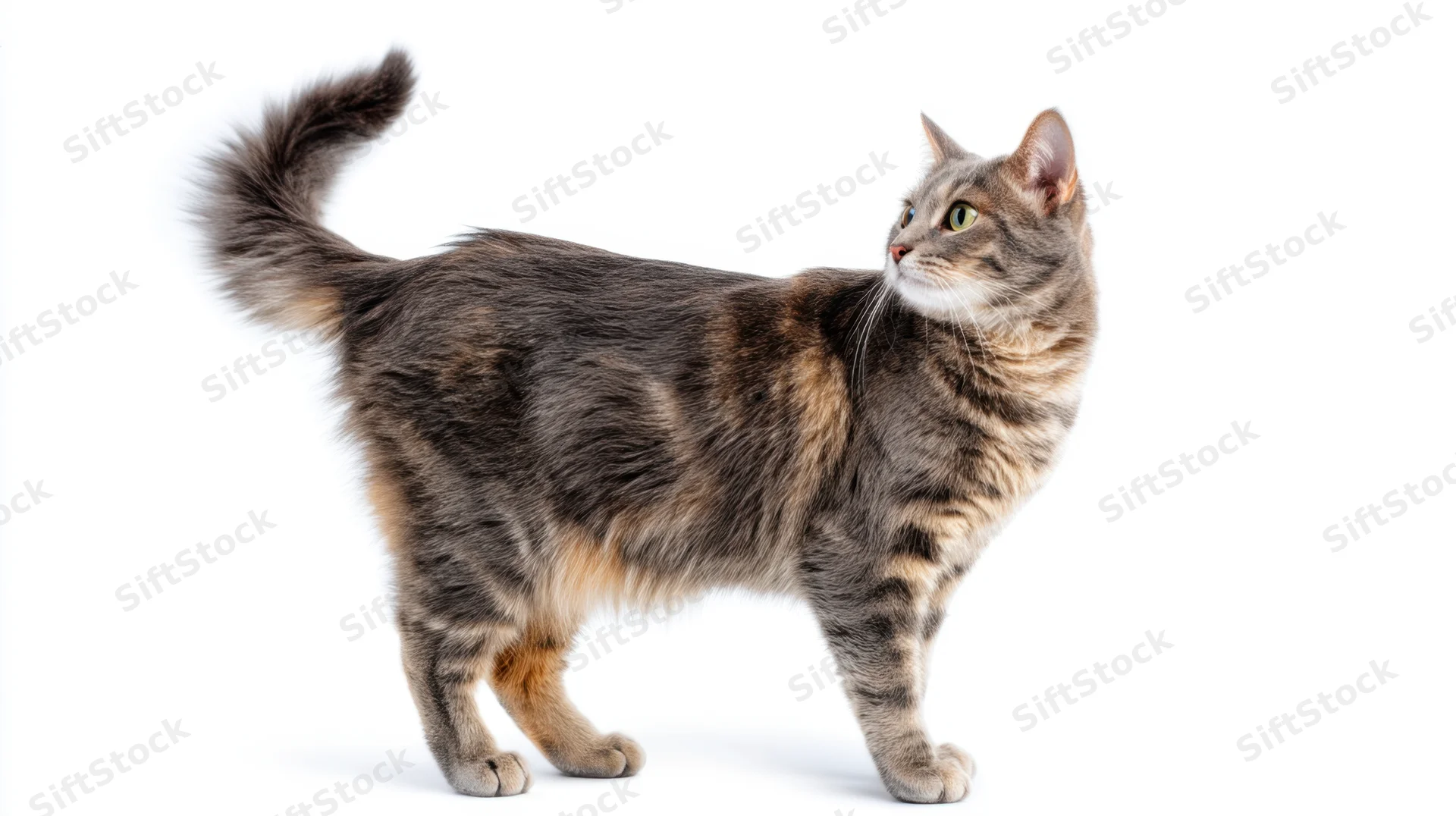 Gray tabby cat standing alert in side profile against white background