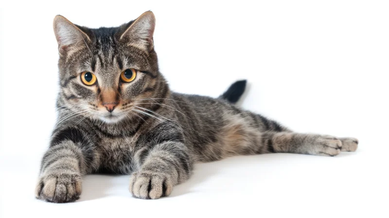 Grey tabby cat lying down on white background, looking at camera with orange eyes