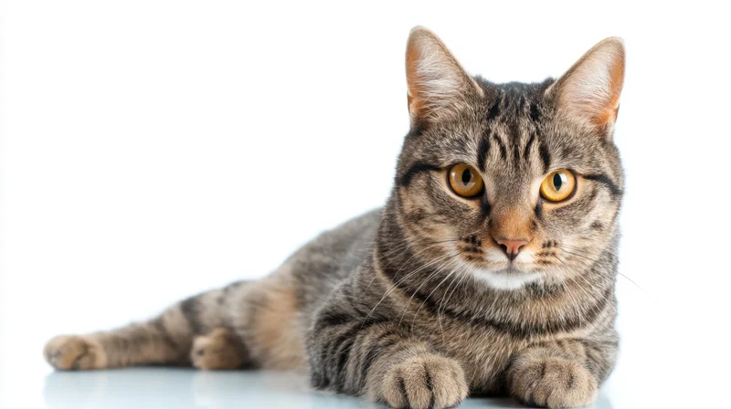 Grey tabby cat lying down on white background with alert gaze and visible paws