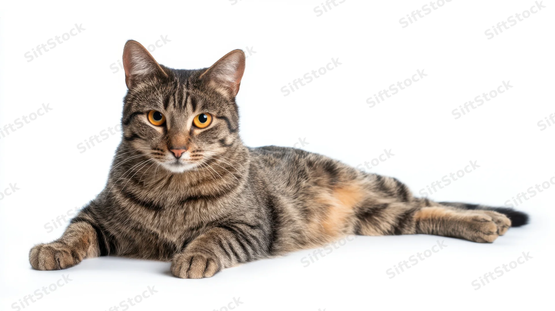 Tabby cat lying down on white background