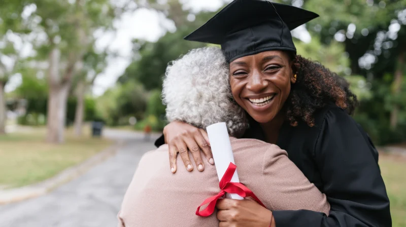 Graduate woman hugging her mother outdoors while holding diploma scroll