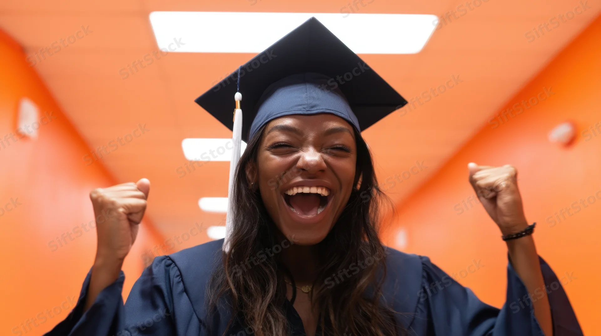 Jubilant black woman graduate in cap and gown cheering with fists raised in orange hallway