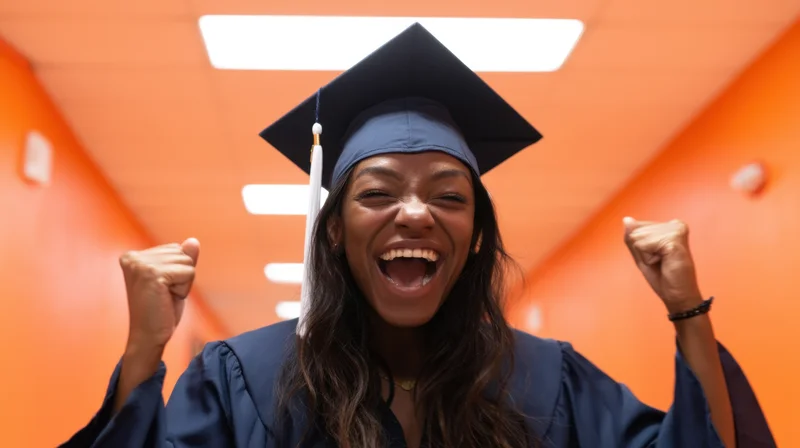 Jubilant black woman graduate in cap and gown cheering with fists raised in orange hallway