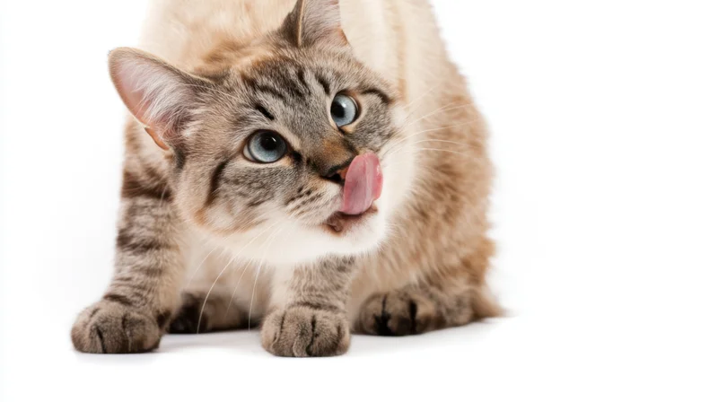 Light tabby cat licking its nose in a studio setting
