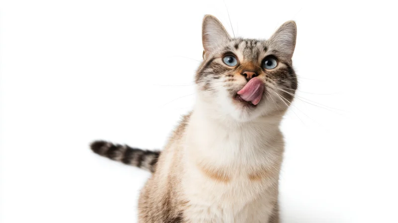 Light tabby cat sitting and licking its nose against a white background