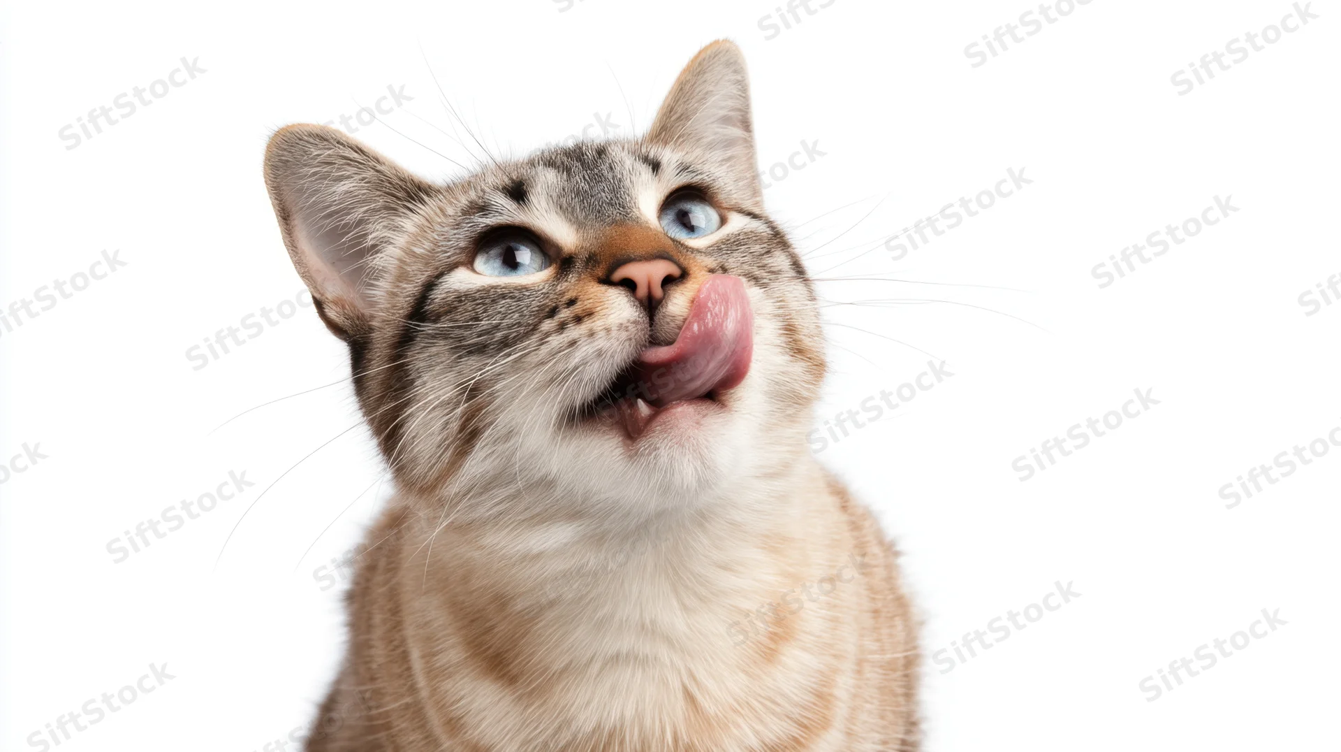 Light tabby cat licking its nose while looking upward in studio portrait against white background