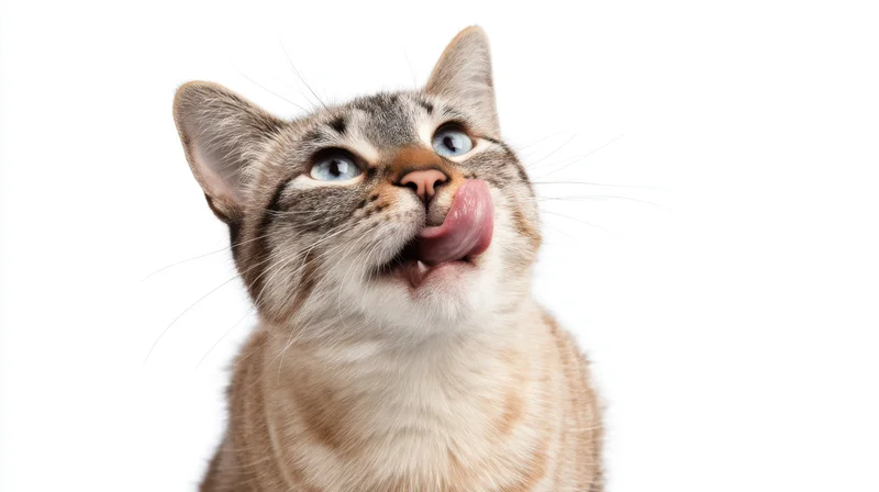Light tabby cat licking its nose while looking upward in studio portrait against white background