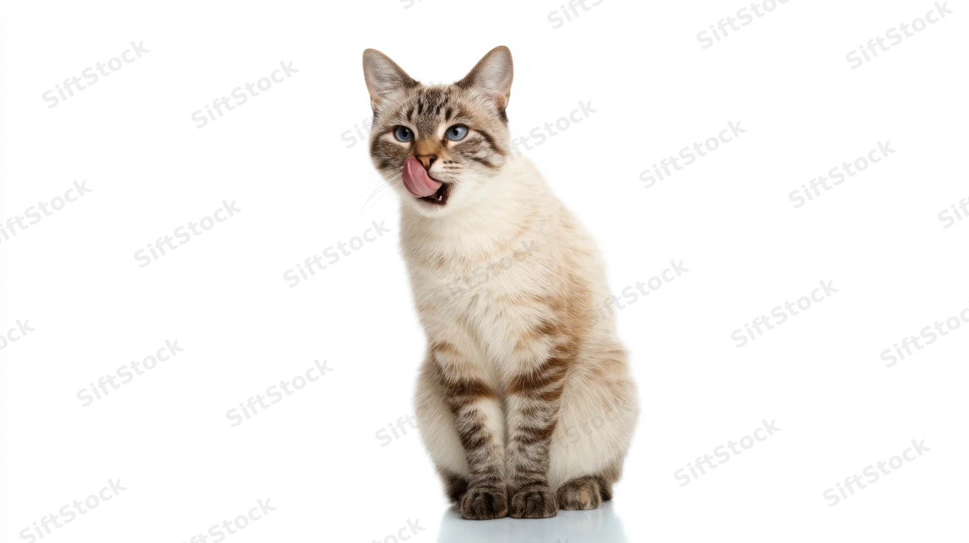 Light tabby cat sitting and licking its nose on a white background