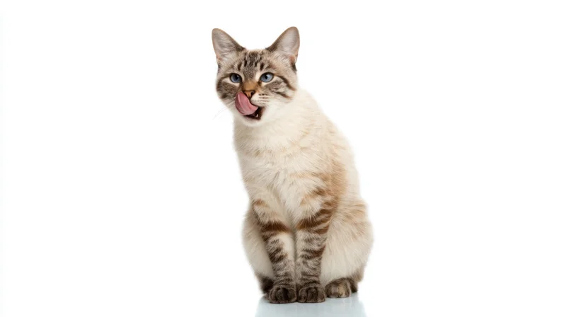 Light tabby cat sitting and licking its nose on a white background