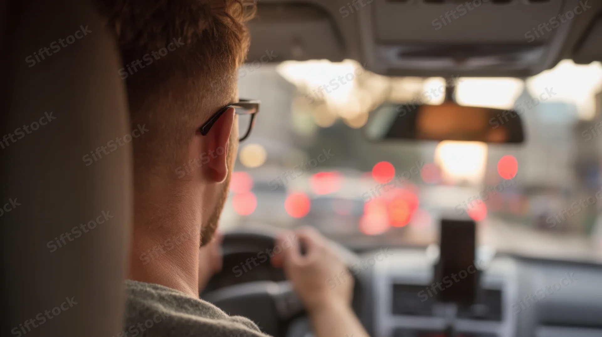 Man driving a car in evening traffic viewed from backseat