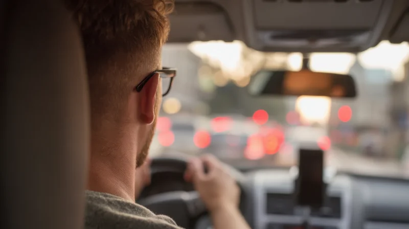 Man driving a car in evening traffic viewed from backseat