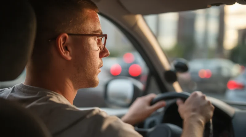 Man driving a car on a city street during daytime commute