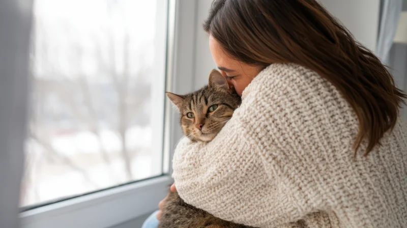 Woman hugging a tabby cat indoors near a snowy window