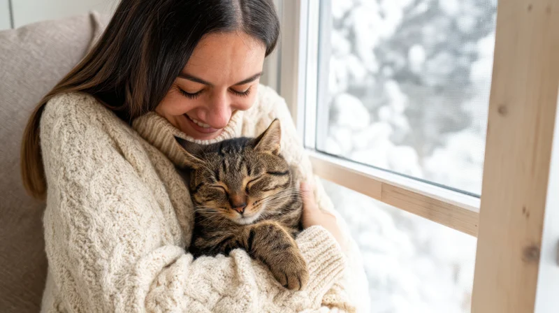 Woman hugging a sleeping tabby cat on a sofa near a snowy window