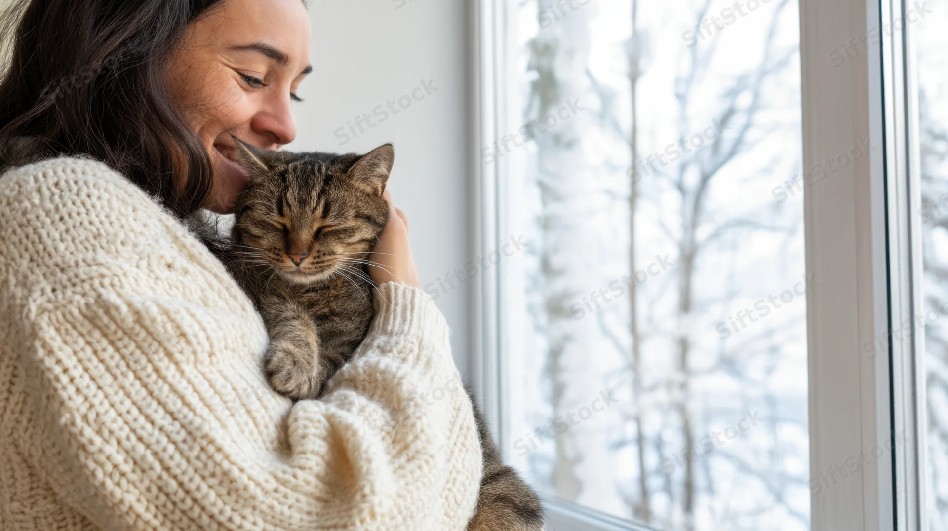 Woman hugging a tabby cat by a snowy window in a cozy home setting