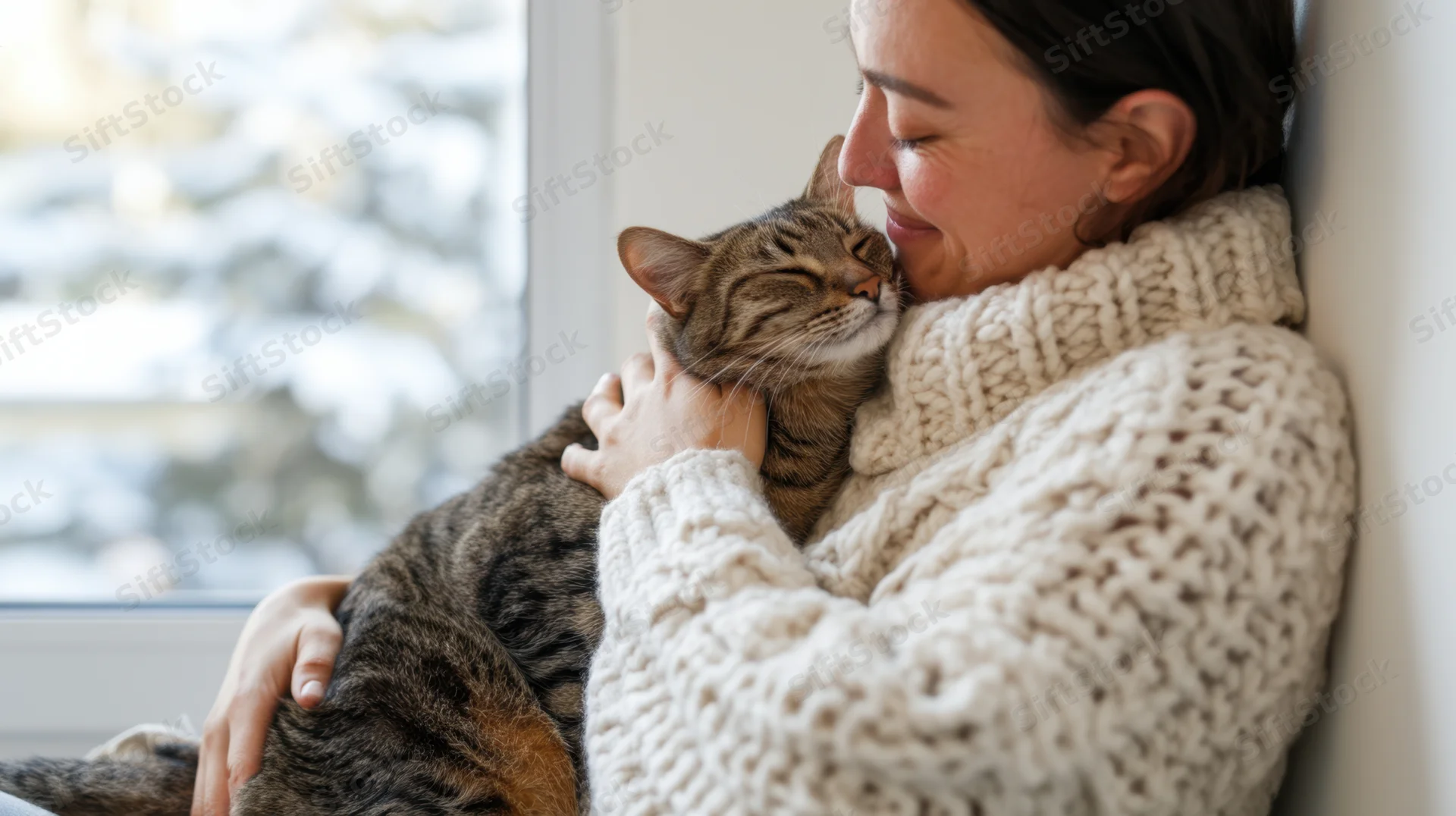Woman hugging a tabby cat by a snowy window in a cozy cream knit sweater