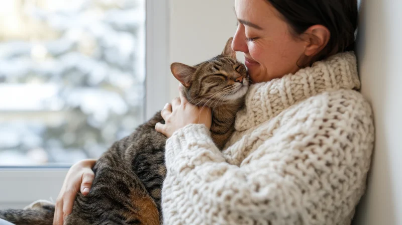 Woman hugging a tabby cat by a snowy window in a cozy cream knit sweater