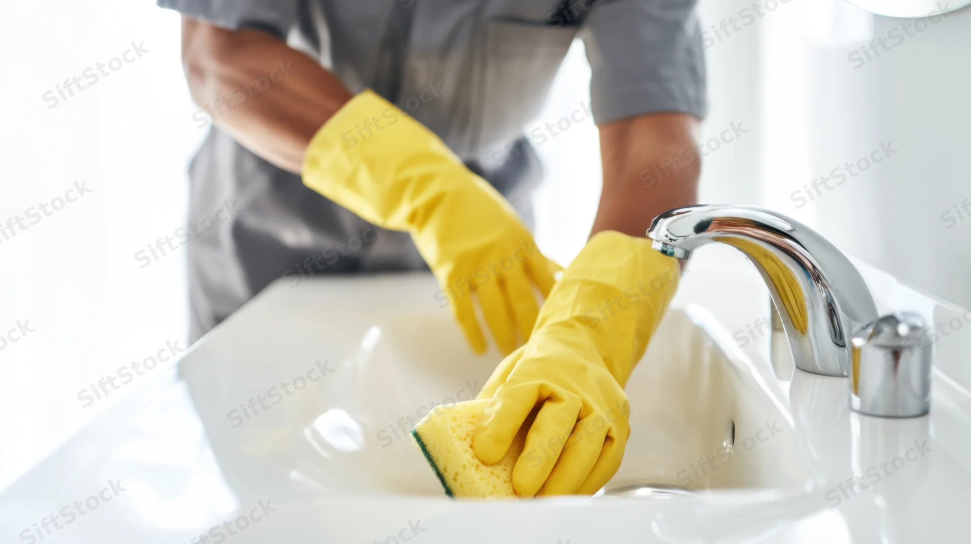Man in gray uniform scrubbing a white bathroom sink with a sponge while wearing yellow rubber gloves