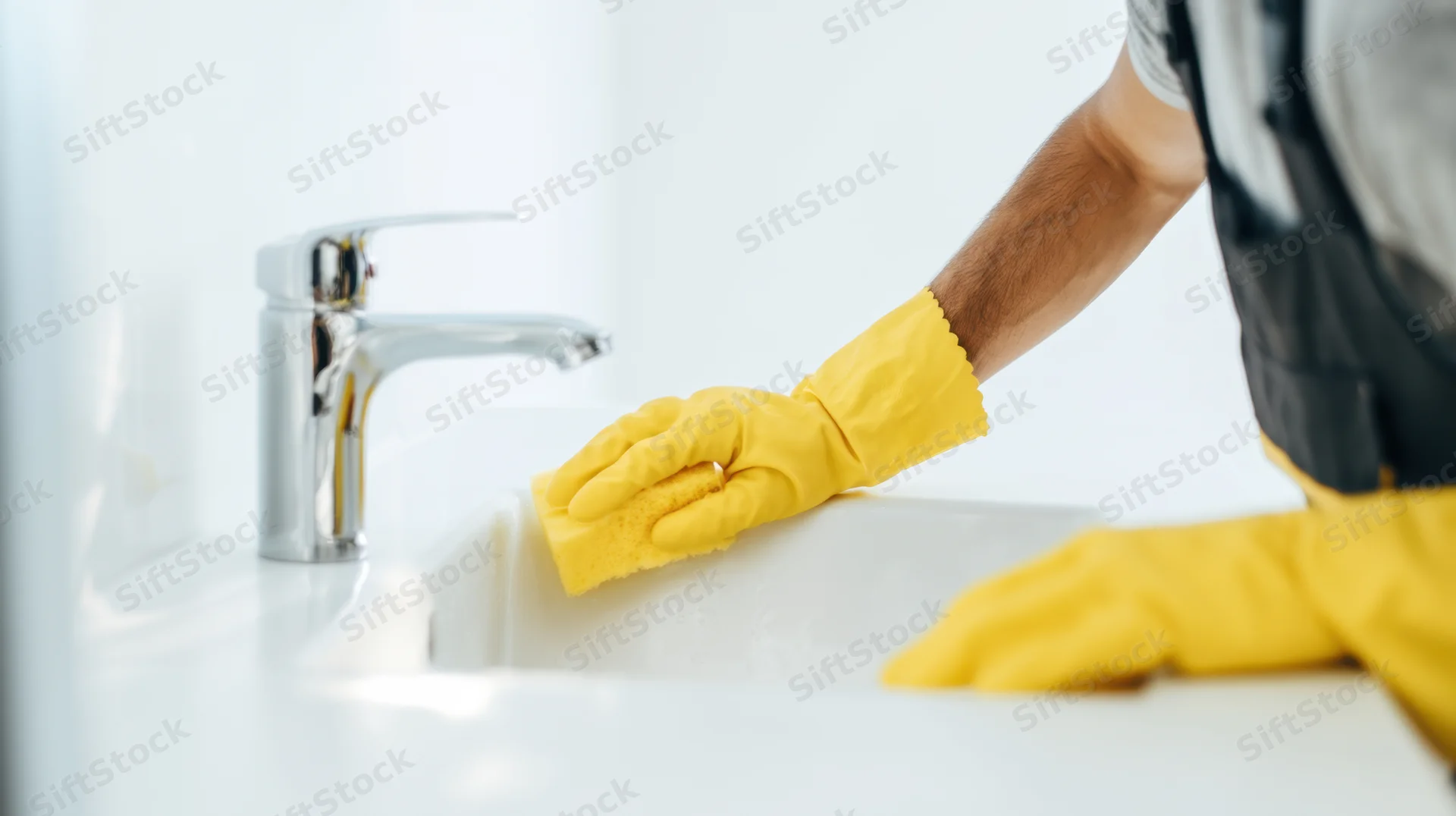 Man in gray uniform scrubbing white sink with yellow sponge and gloves
