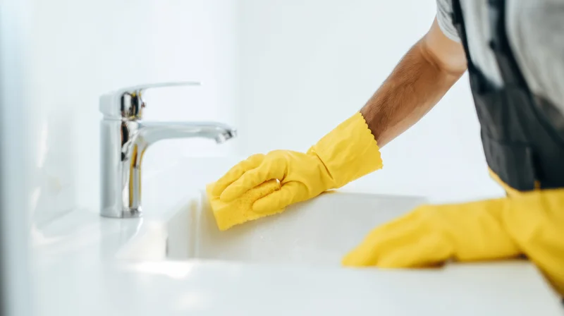 Man in gray uniform scrubbing white sink with yellow sponge and gloves