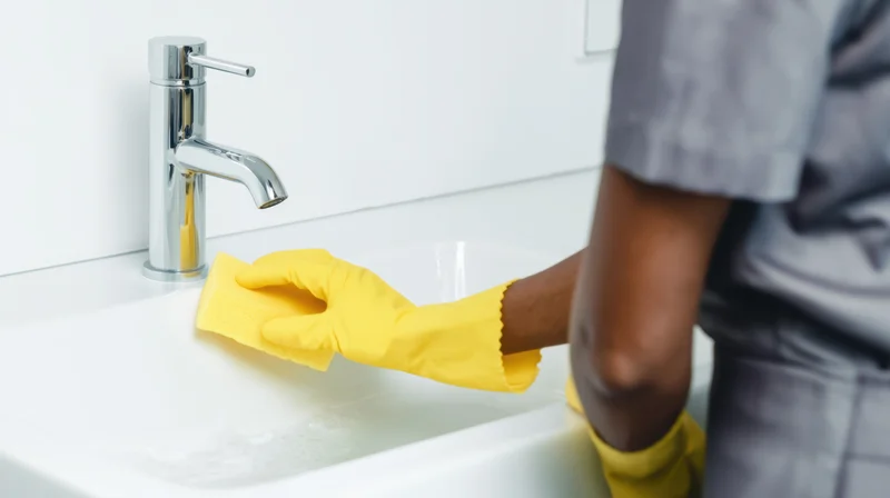 Person in yellow gloves scrubbing a white sink with a sponge near a chrome faucet