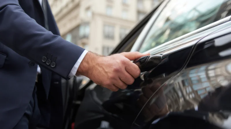 Man in navy suit opening black car door in city setting