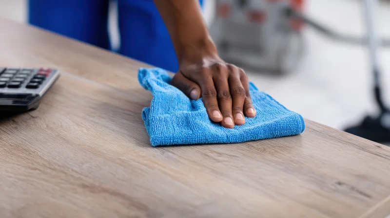 Hand wiping desk with blue cloth in office setting
