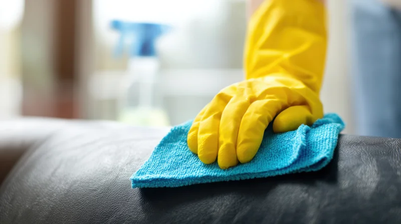 Hand in yellow rubber glove wiping leather sofa with blue cloth