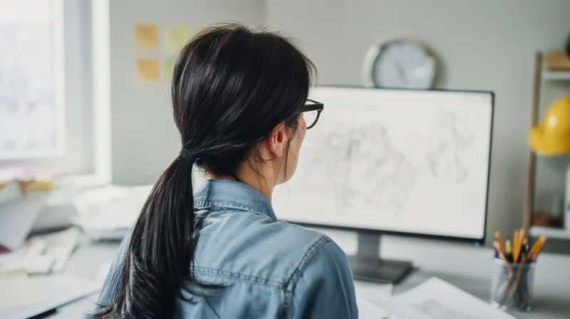 Woman in denim shirt working on architectural sketch on computer monitor at office desk