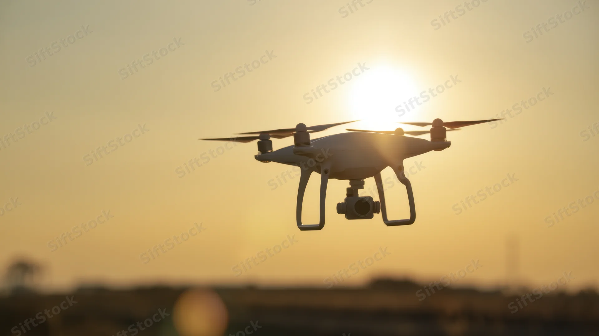 Quadcopter drone hovering in front of setting sun with camera attached