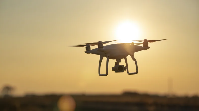Quadcopter drone hovering in front of setting sun with camera attached
