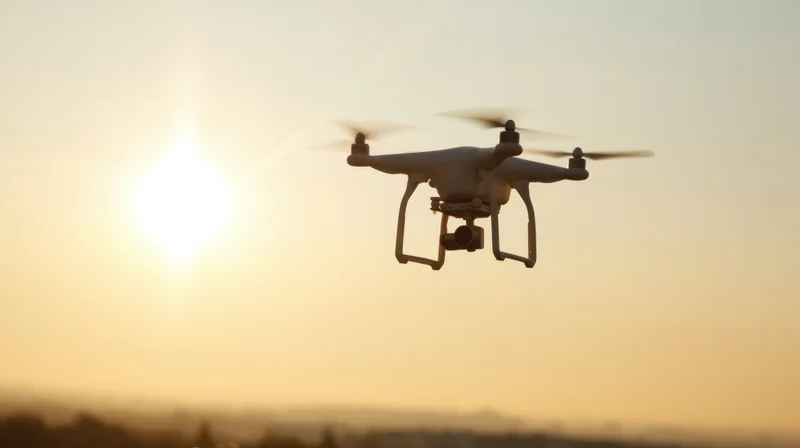 Quadcopter drone hovering in sky at sunset with sun in background
