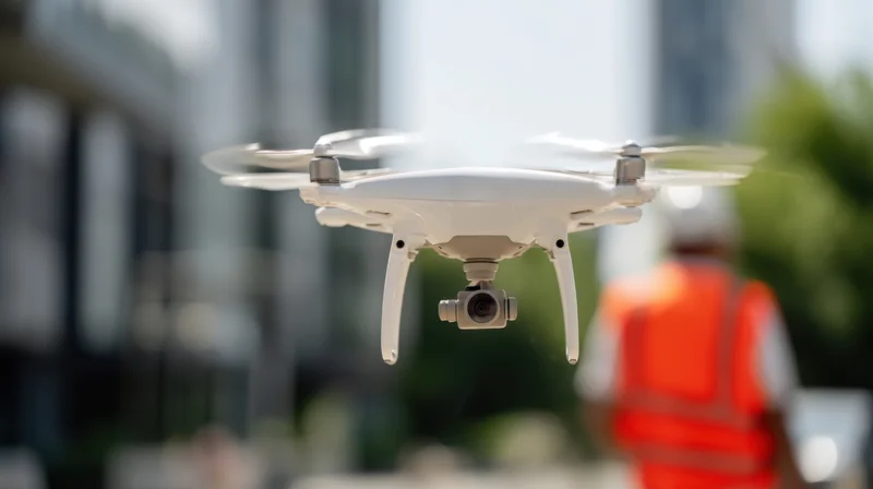 White quadcopter drone hovering with camera over construction site with worker in orange safety vest in background