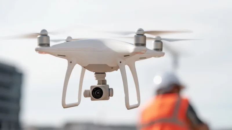 White quadcopter drone hovering with camera gimbal over construction site, worker in orange vest and helmet in background