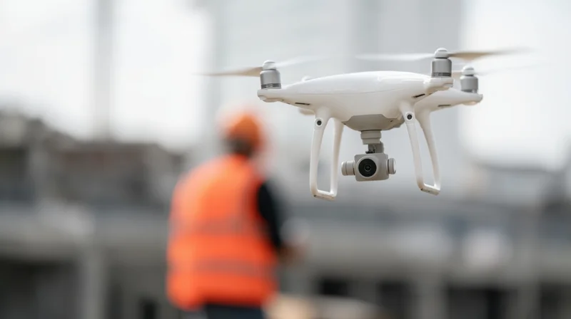 White quadcopter drone hovering in front of a construction worker in orange safety vest and hard hat on a building site