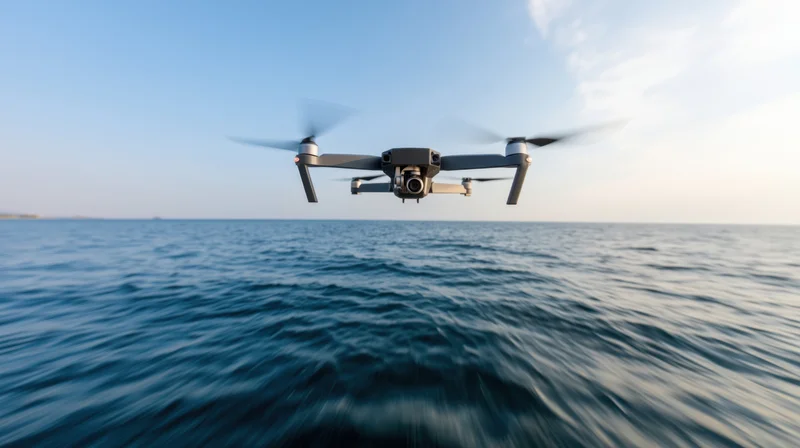 Quadcopter drone hovering over ocean surface under clear sky