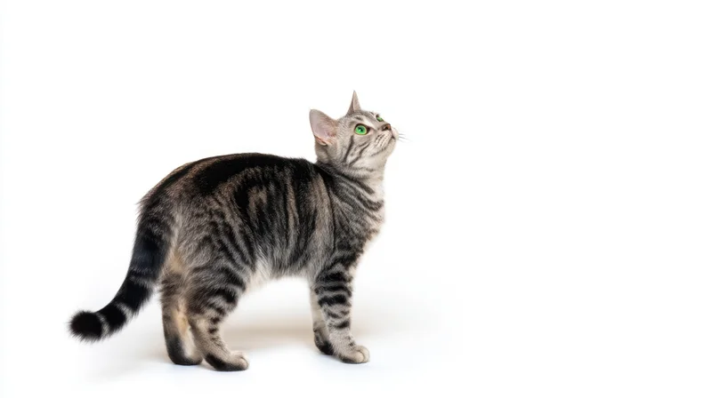 Silver tabby cat standing alert and looking up on white background