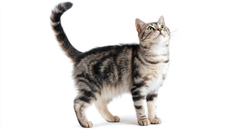 Silver tabby cat standing alert and looking up against white background