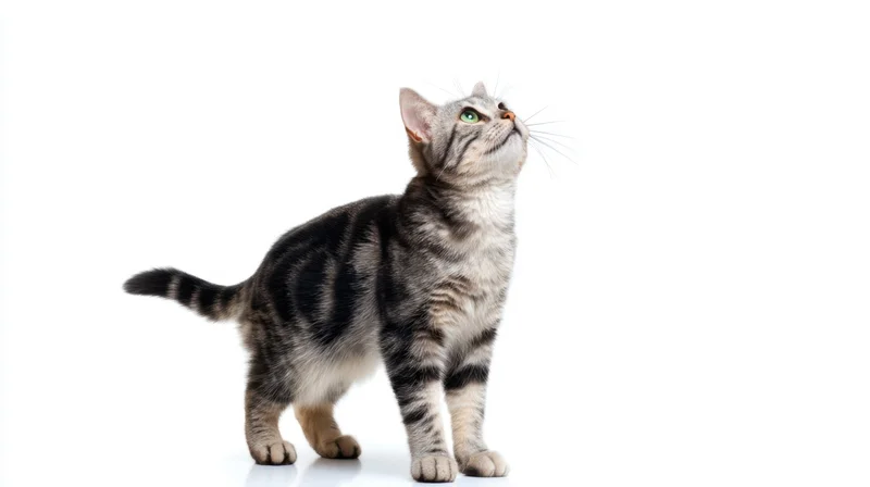 Silver tabby kitten standing and looking up against white background