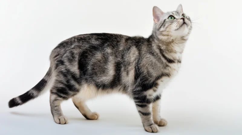 Silver tabby cat standing alert and looking up against white background