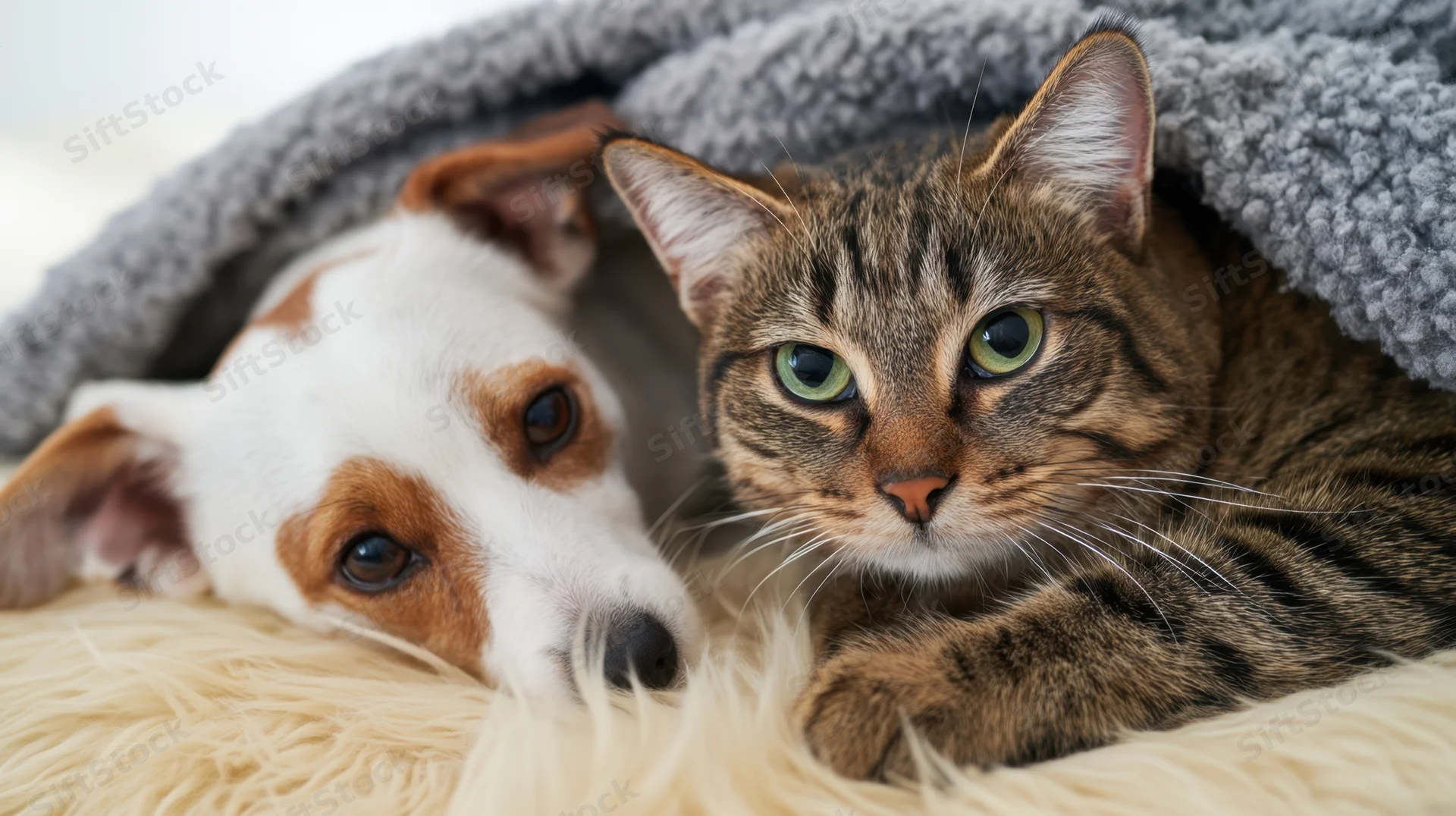 Cat and dog resting together under a gray blanket on a fluffy beige bed