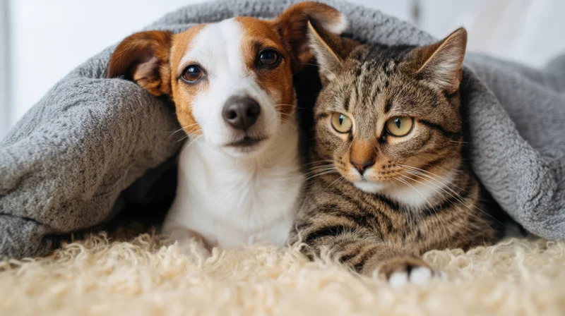 Dog and cat resting together under a gray blanket on a fluffy rug